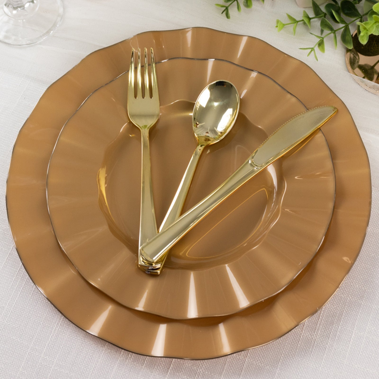 10 - Pack Plastic 9" Round Dinner Plates in Gold with Ruffled Rim - Sturdy Disposable Dinnerware for Classy Events & Banquets - Bell Racket Store