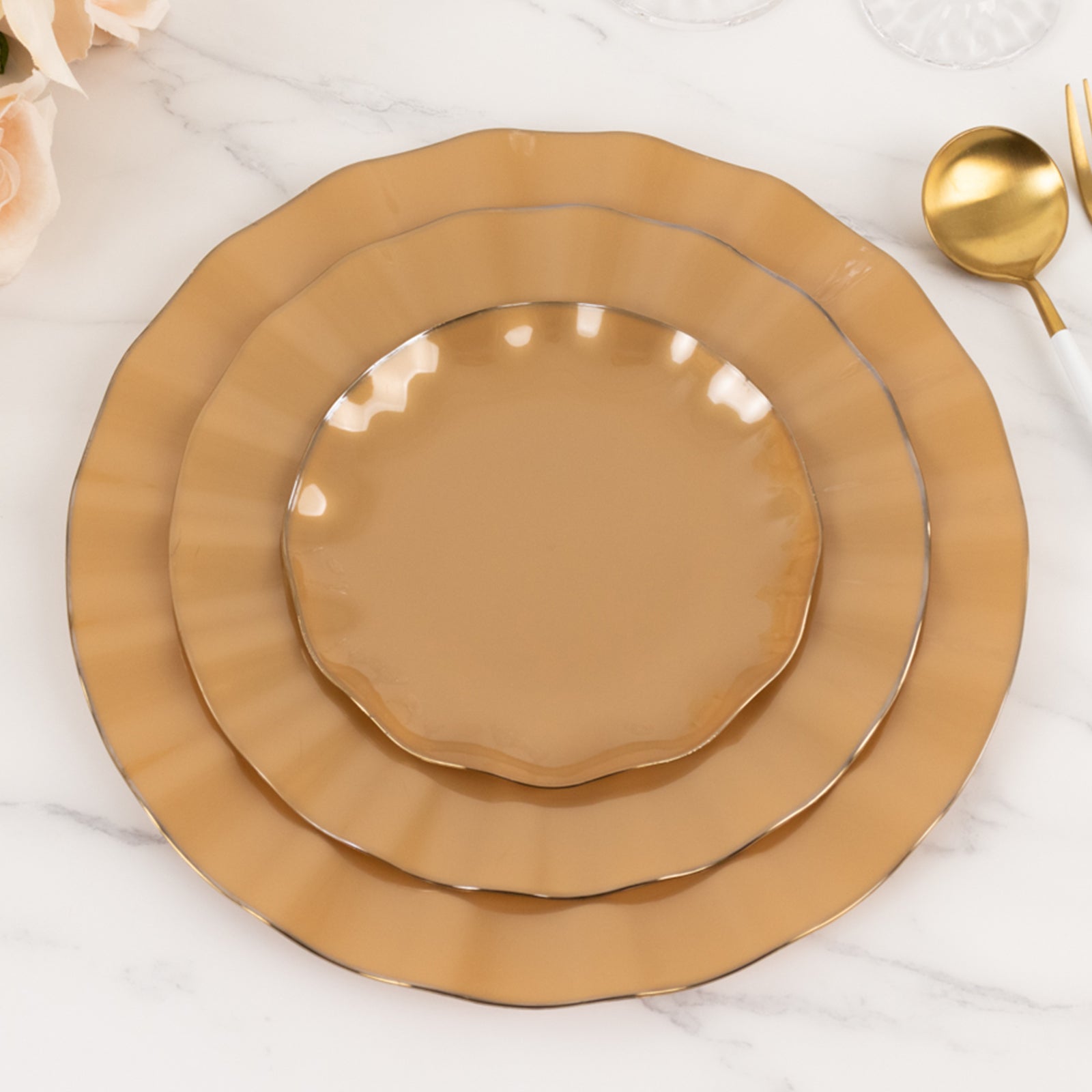 10 - Pack Plastic 9" Round Dinner Plates in Gold with Ruffled Rim - Sturdy Disposable Dinnerware for Classy Events & Banquets - Bell Racket Store