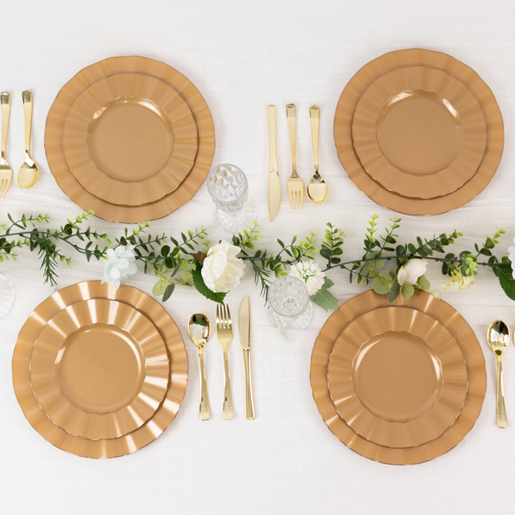 10 - Pack Plastic 9" Round Dinner Plates in Gold with Ruffled Rim - Sturdy Disposable Dinnerware for Classy Events & Banquets - Bell Racket Store