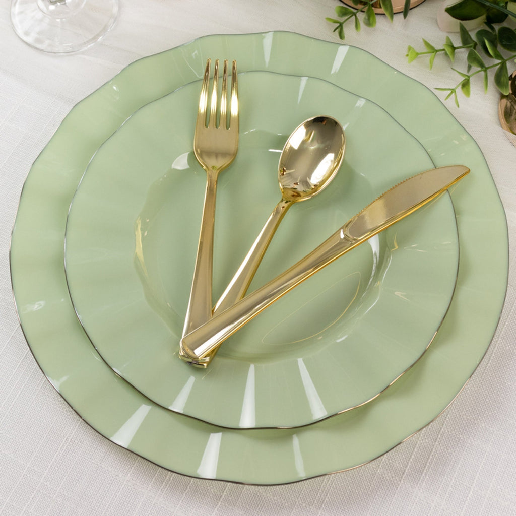 10 - Pack Plastic 9" Round Dinner Plates in Sage Green Ruffled Rim with Gold Edging - Sturdy Disposable Dinnerware - Bell Racket Store