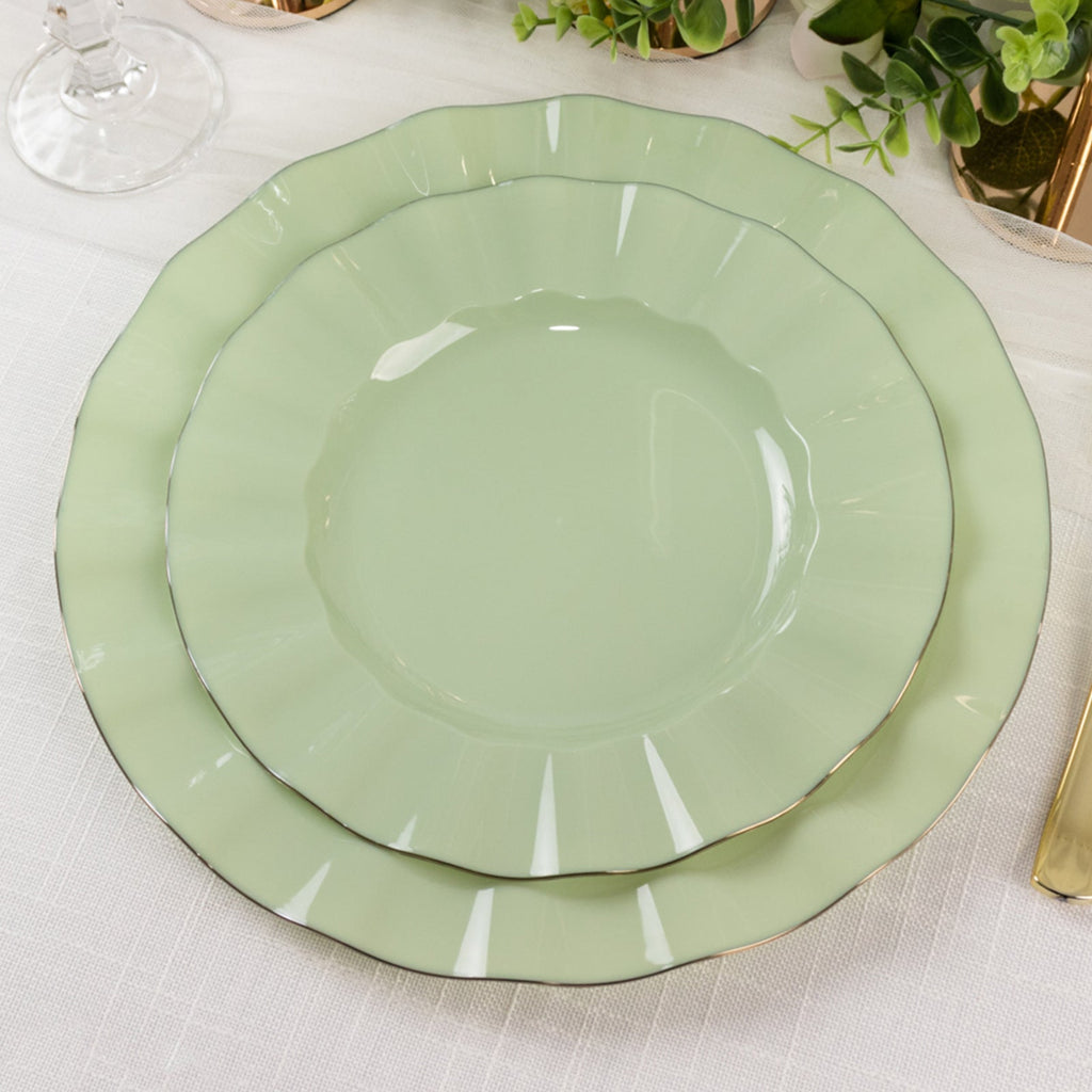 10 - Pack Plastic 9" Round Dinner Plates in Sage Green Ruffled Rim with Gold Edging - Sturdy Disposable Dinnerware - Bell Racket Store