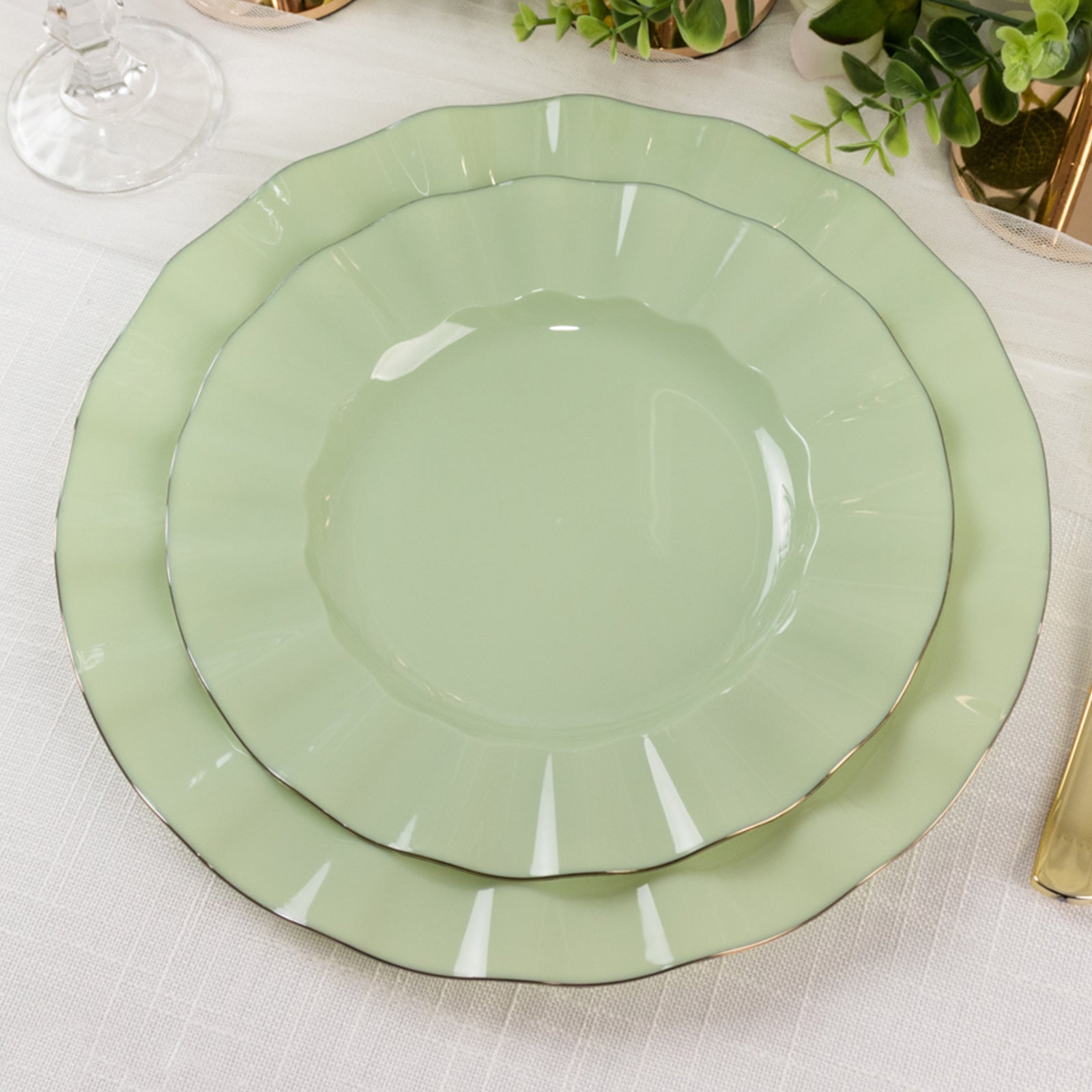 10 - Pack Plastic 9" Round Dinner Plates in Sage Green Ruffled Rim with Gold Edging - Sturdy Disposable Dinnerware - Bell Racket Store