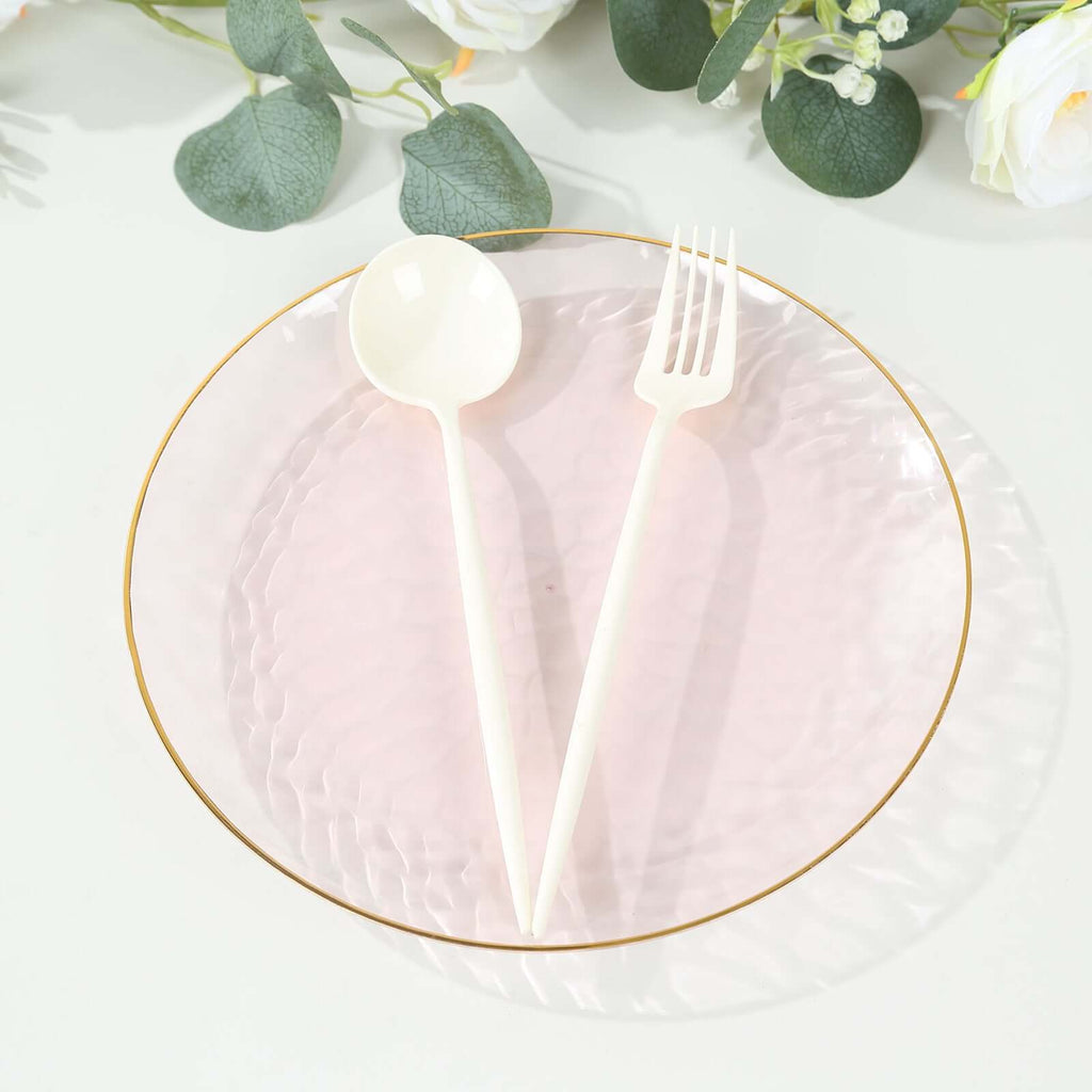 10 - Pack Plastic 9" Round Dinner Plates in Transparent Blush Hammered Design with Gold Rim - Modern Disposable Party Plates - Bell Racket Store