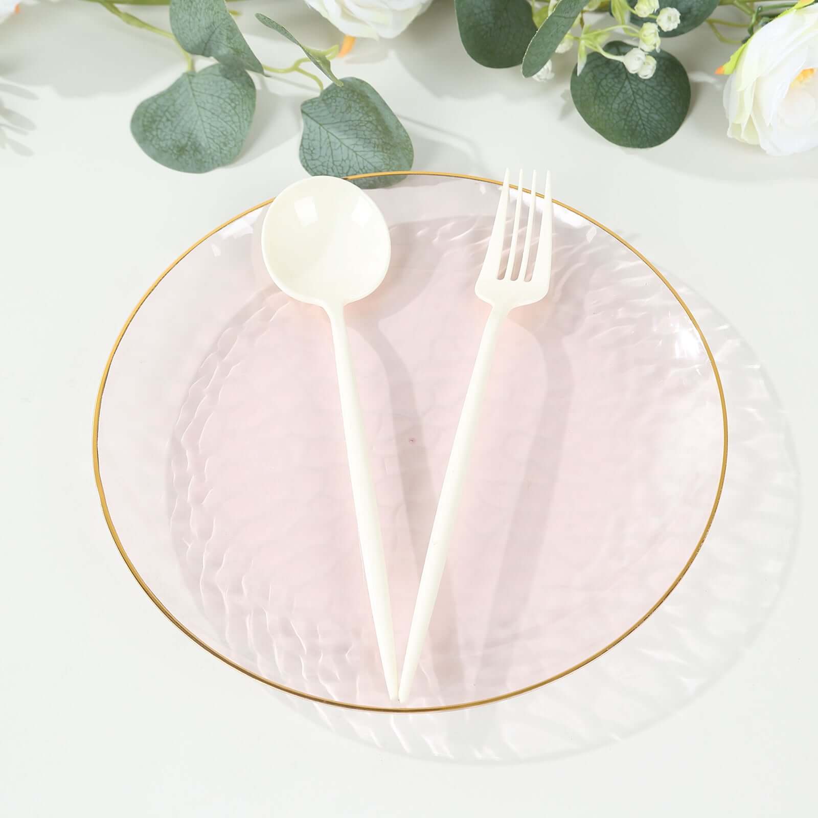 10 - Pack Plastic 9" Round Dinner Plates in Transparent Blush Hammered Design with Gold Rim - Modern Disposable Party Plates - Bell Racket Store
