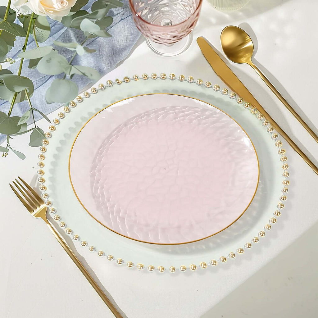10 - Pack Plastic 9" Round Dinner Plates in Transparent Blush Hammered Design with Gold Rim - Modern Disposable Party Plates - Bell Racket Store