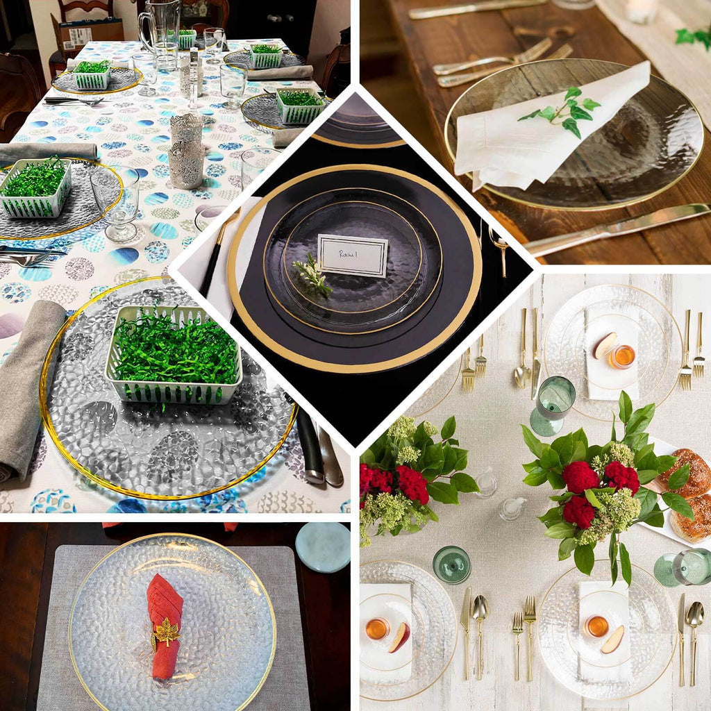 10 - Pack Plastic 9" Round Dinner Plates in Transparent Blush Hammered Design with Gold Rim - Modern Disposable Party Plates - Bell Racket Store