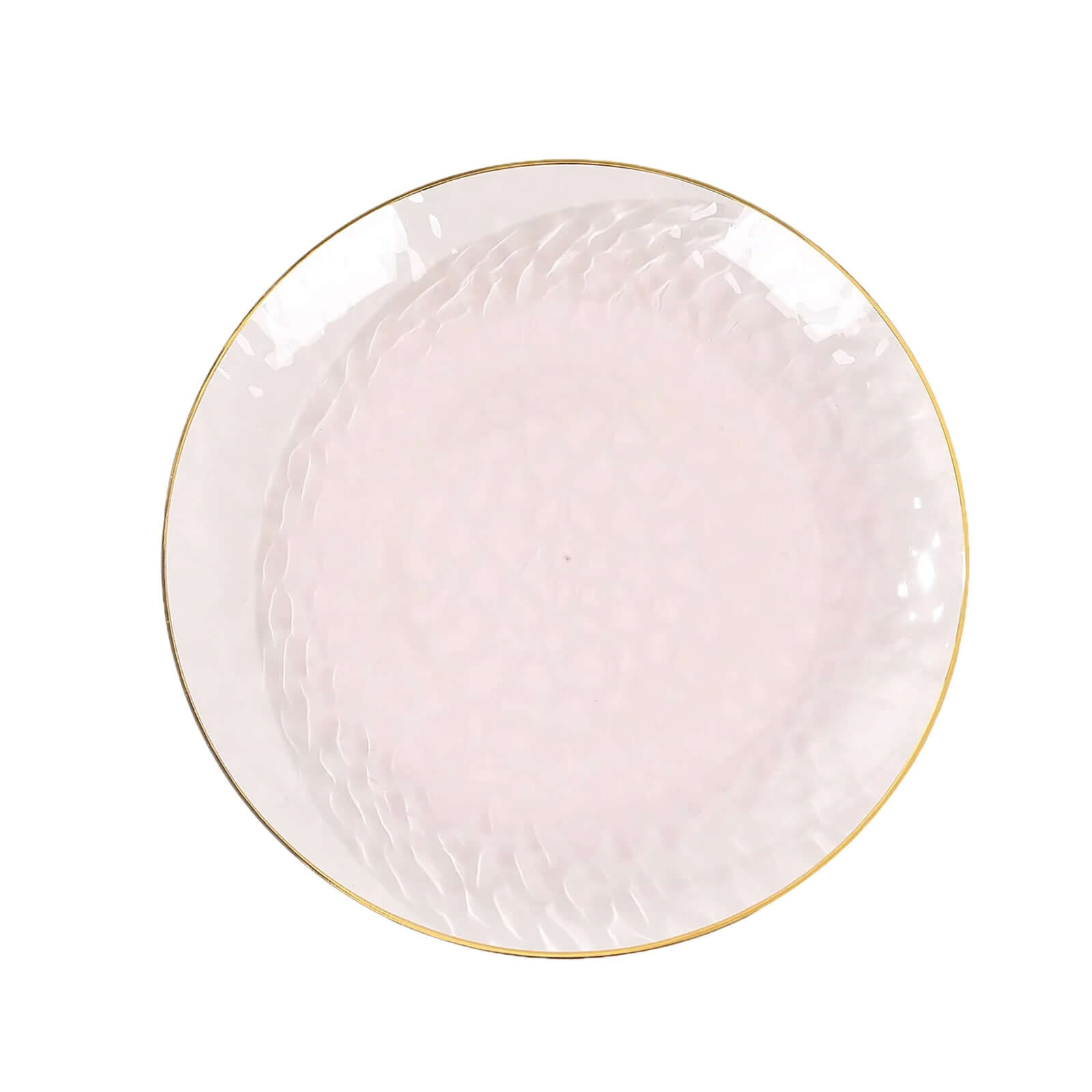 10 - Pack Plastic 9" Round Dinner Plates in Transparent Blush Hammered Design with Gold Rim - Modern Disposable Party Plates - Bell Racket Store