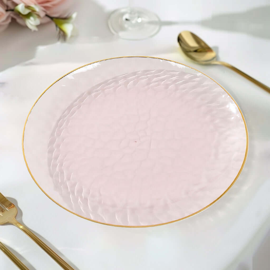10 - Pack Plastic 9" Round Dinner Plates in Transparent Blush Hammered Design with Gold Rim - Modern Disposable Party Plates - Bell Racket Store