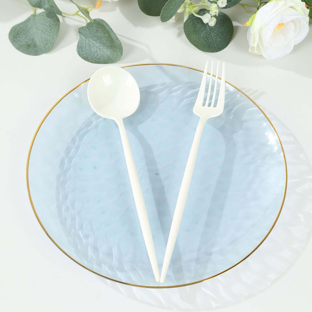 10 - Pack Plastic 9" Round Dinner Plates in Transparent Dusty Blue Hammered Design with Gold Rim - Modern Disposable Party Plates - Bell Racket Store