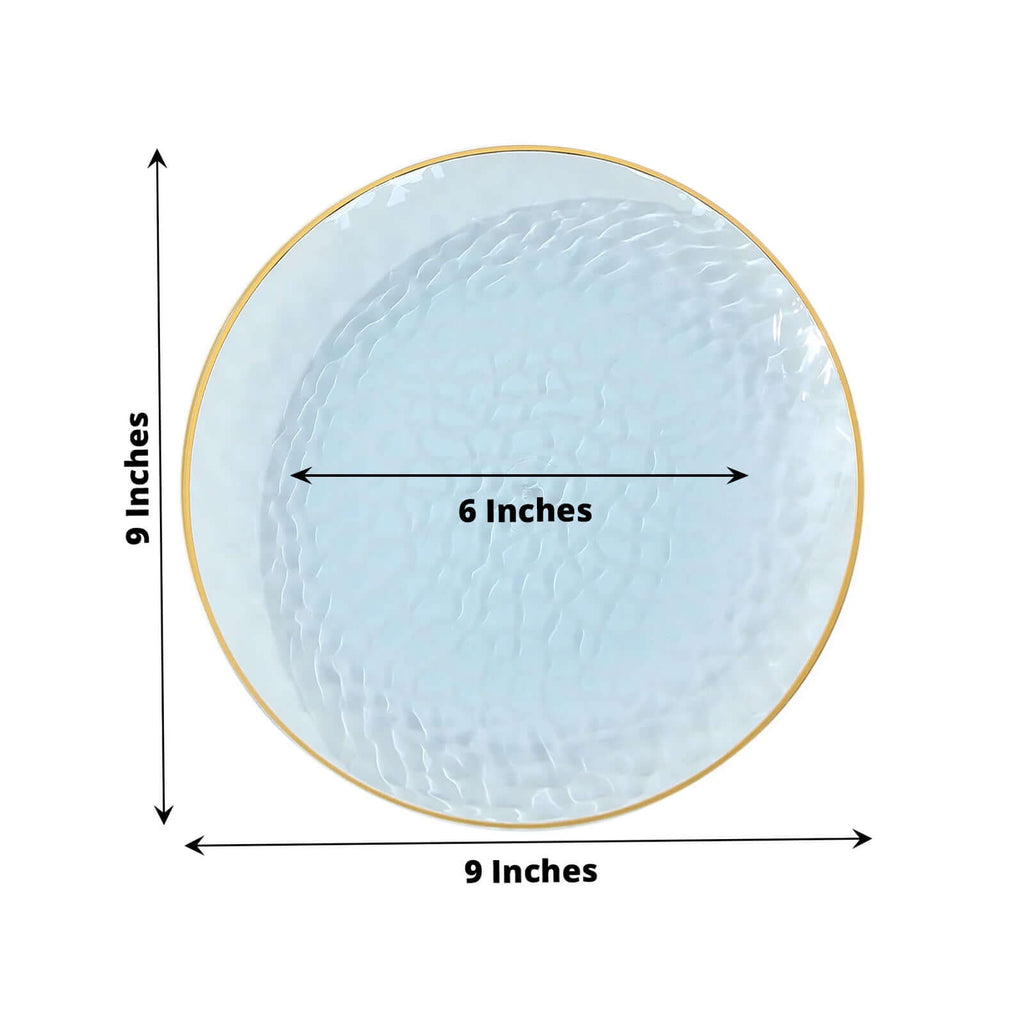 10 - Pack Plastic 9" Round Dinner Plates in Transparent Dusty Blue Hammered Design with Gold Rim - Modern Disposable Party Plates - Bell Racket Store