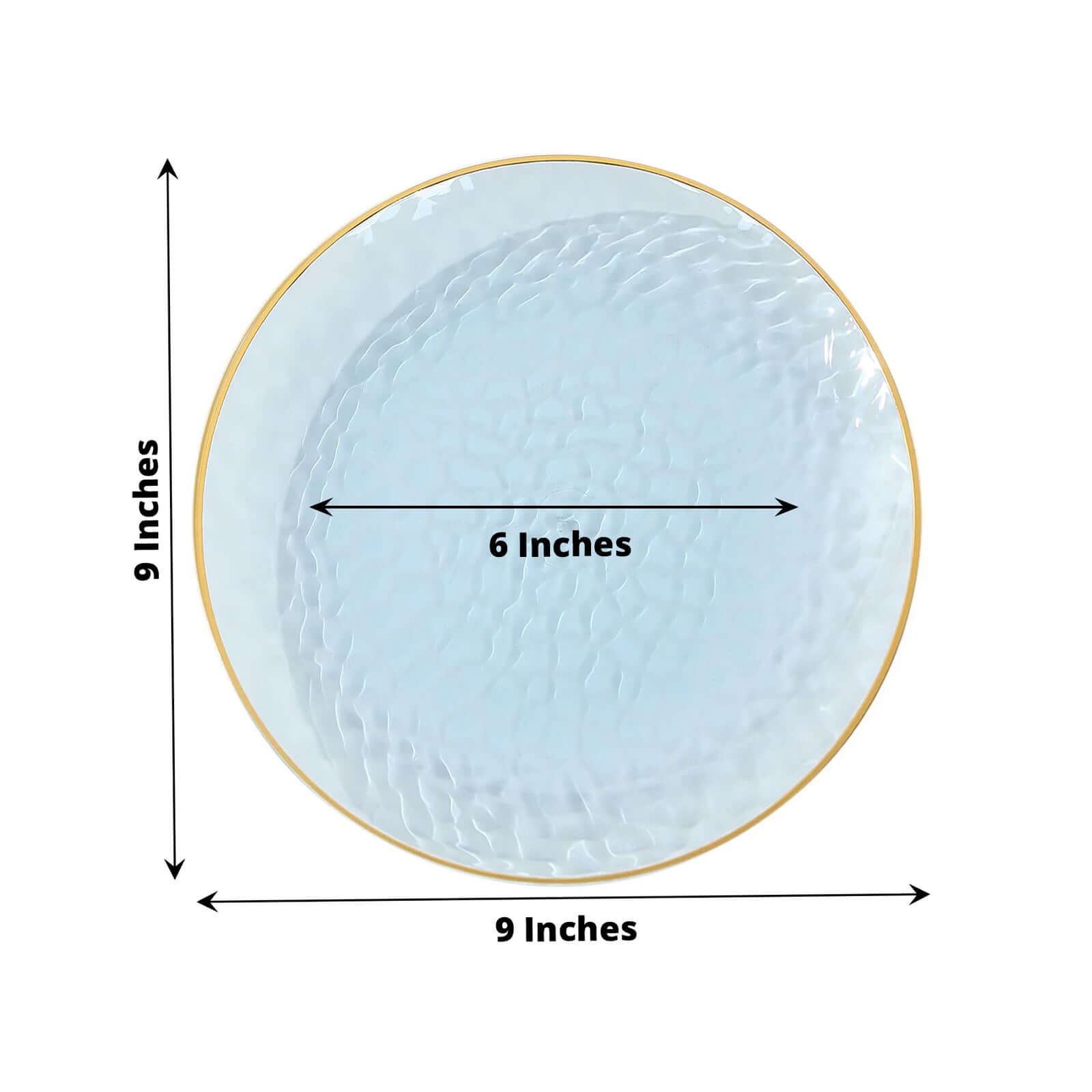 10 - Pack Plastic 9" Round Dinner Plates in Transparent Dusty Blue Hammered Design with Gold Rim - Modern Disposable Party Plates - Bell Racket Store
