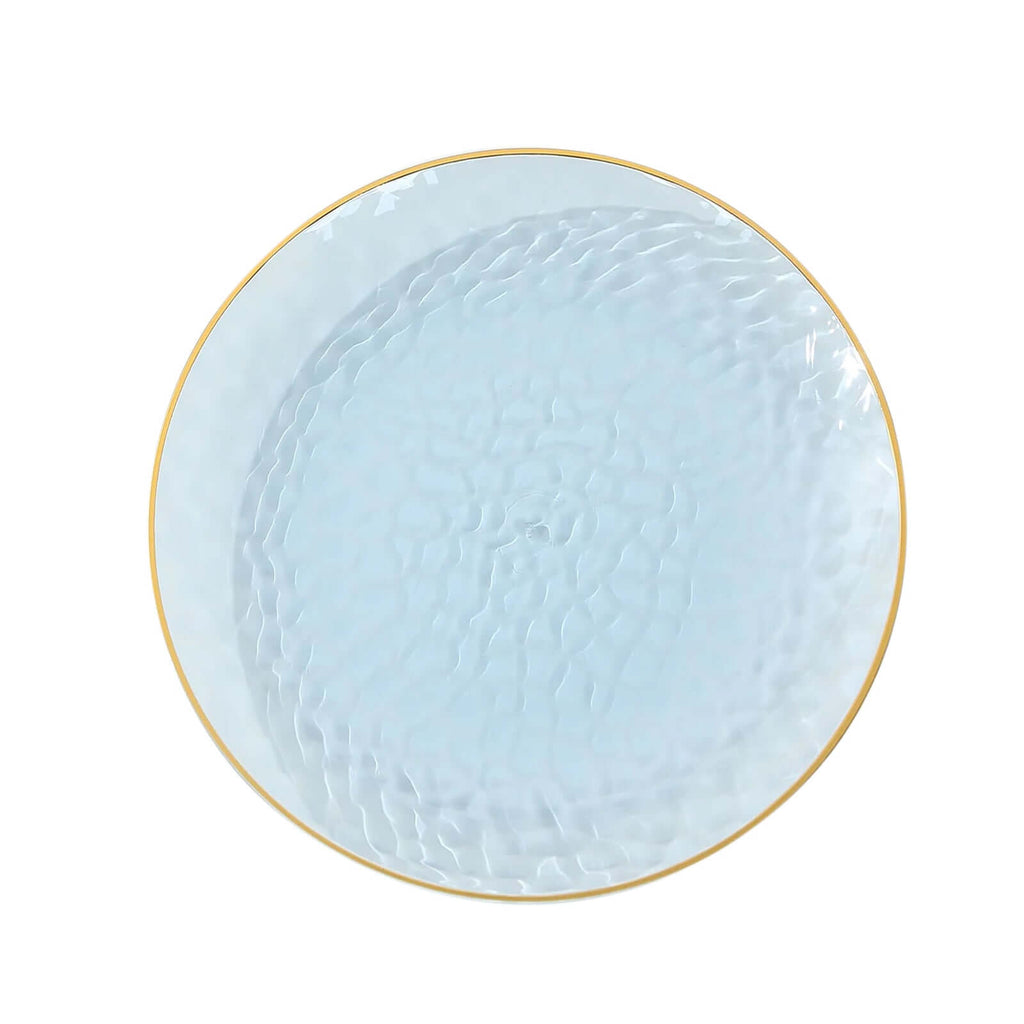 10 - Pack Plastic 9" Round Dinner Plates in Transparent Dusty Blue Hammered Design with Gold Rim - Modern Disposable Party Plates - Bell Racket Store