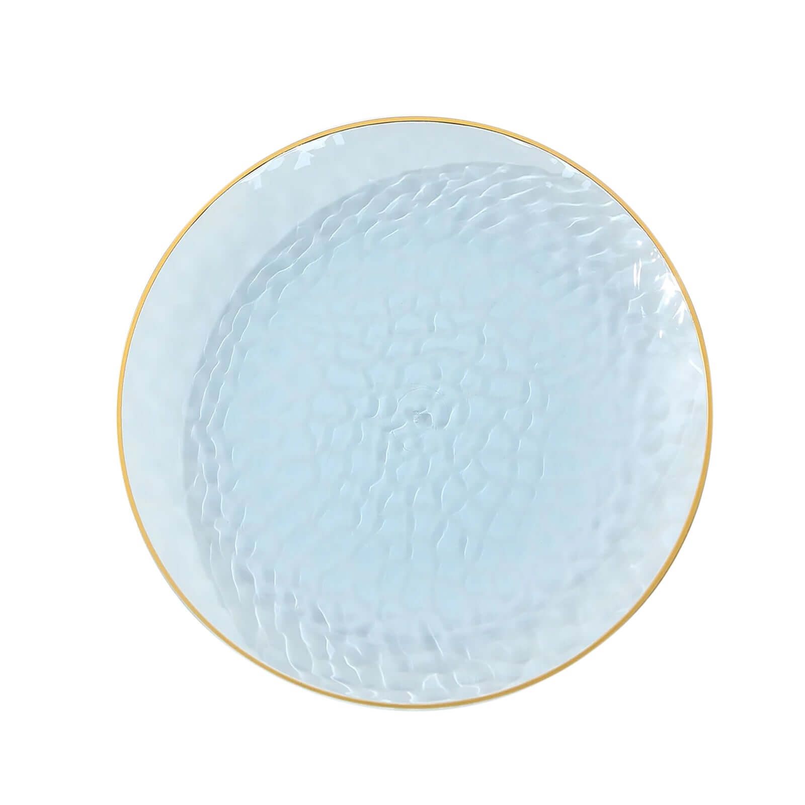 10 - Pack Plastic 9" Round Dinner Plates in Transparent Dusty Blue Hammered Design with Gold Rim - Modern Disposable Party Plates - Bell Racket Store