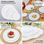 10 - Pack Plastic 9" Round Dinner Plates in White Ruffled Rim with Gold Edging - Sturdy Disposable Dinnerware for Classy Events & Banquets - Bell Racket Store
