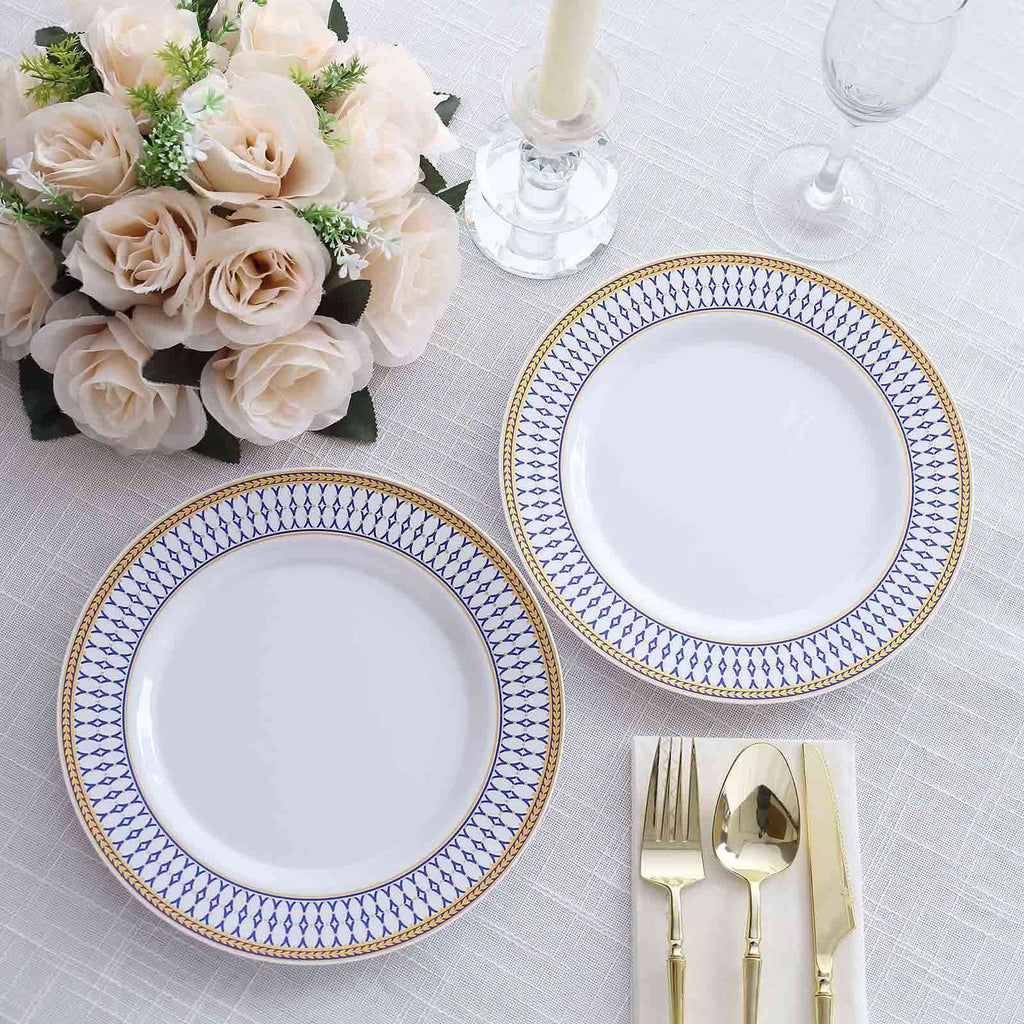 10 - Pack Plastic 9" Round Dinner Plates in White with Gold Navy Blue Chord Rim - Renaissance Style Disposable Plates for Events & Banquets - Bell Racket Store