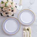 10 - Pack Plastic 9" Round Dinner Plates in White with Gold Navy Blue Chord Rim - Renaissance Style Disposable Plates for Events & Banquets - Bell Racket Store