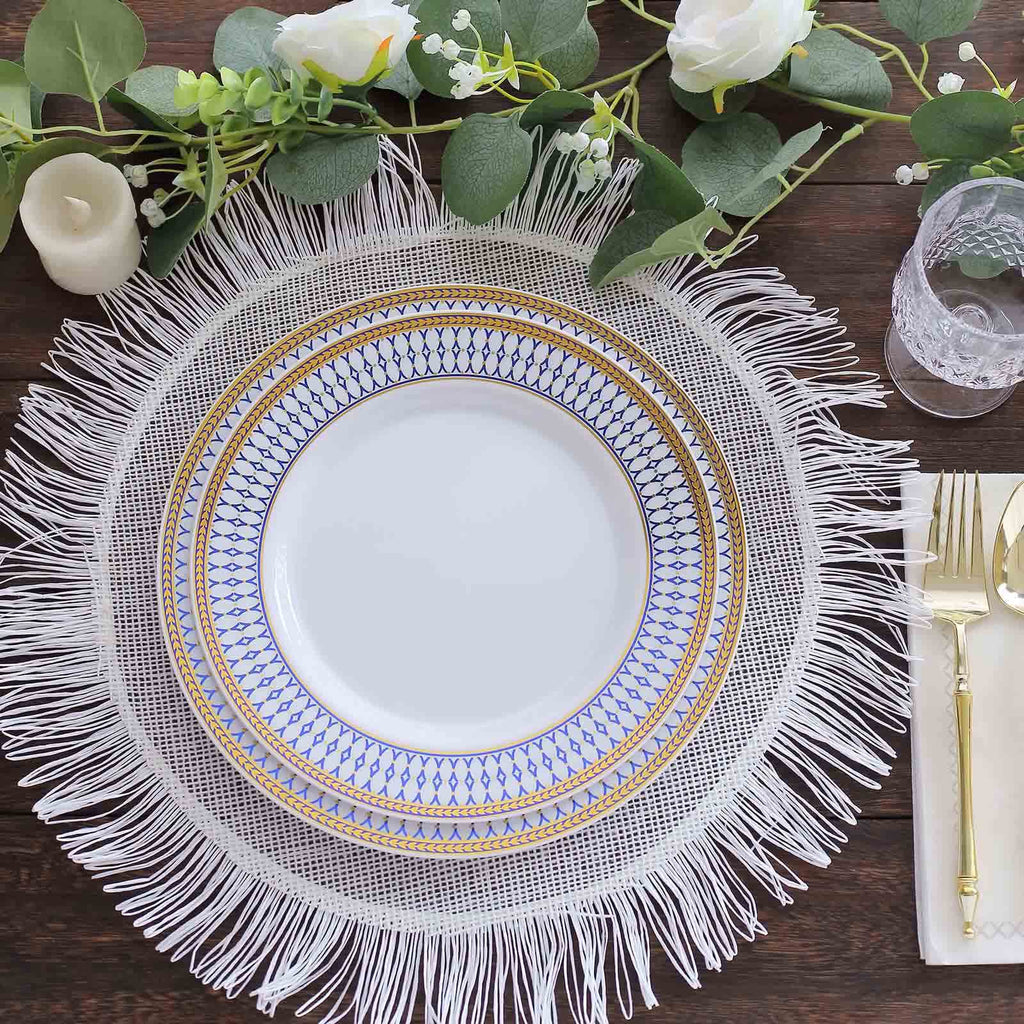 10 - Pack Plastic 9" Round Dinner Plates in White with Gold Navy Blue Chord Rim - Renaissance Style Disposable Plates for Events & Banquets - Bell Racket Store
