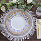 10 - Pack Plastic 9" Round Dinner Plates in White with Gold Navy Blue Chord Rim - Renaissance Style Disposable Plates for Events & Banquets - Bell Racket Store