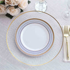 10 - Pack Plastic 9" Round Dinner Plates in White with Gold Navy Blue Chord Rim - Renaissance Style Disposable Plates for Events & Banquets - Bell Racket Store