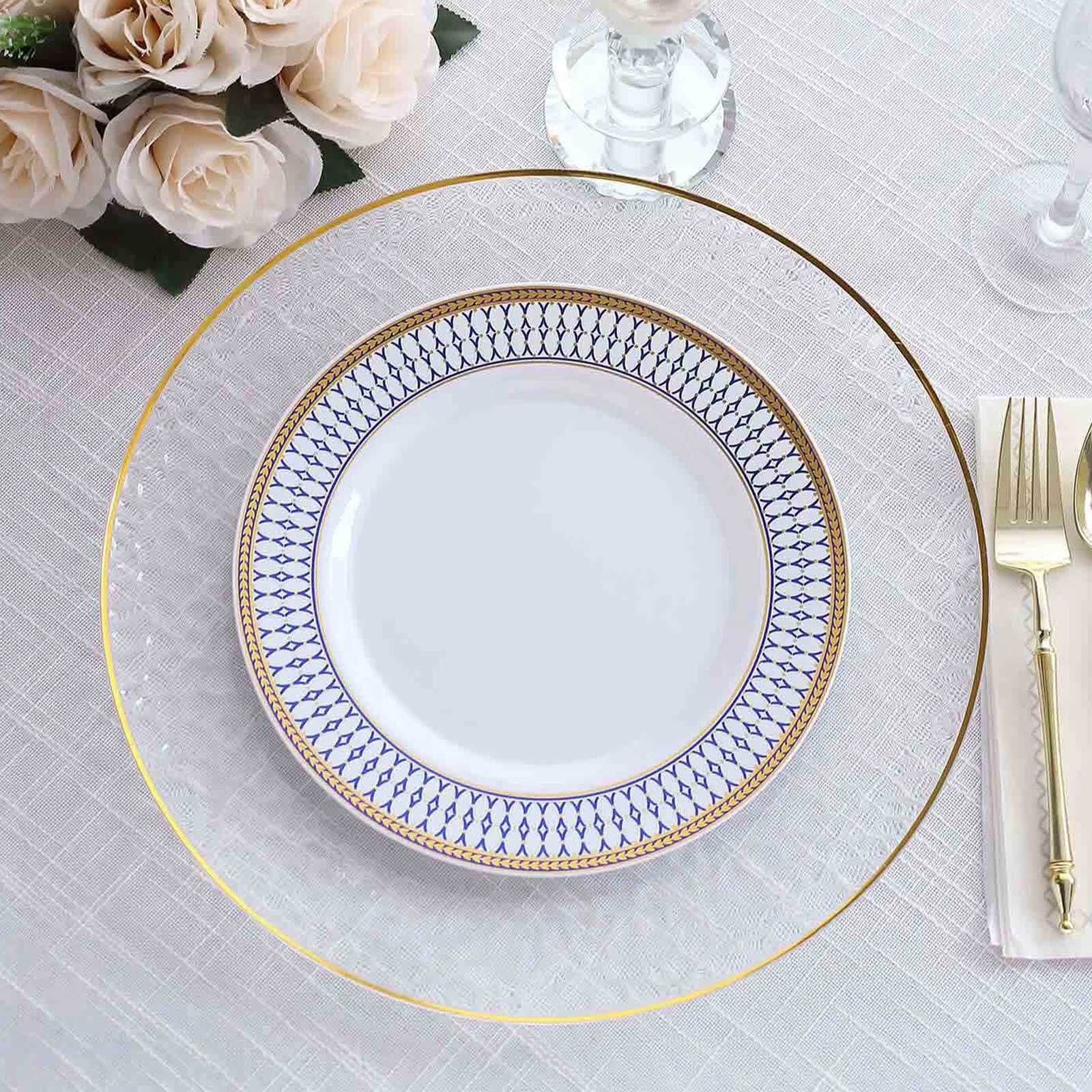 10 - Pack Plastic 9" Round Dinner Plates in White with Gold Navy Blue Chord Rim - Renaissance Style Disposable Plates for Events & Banquets - Bell Racket Store