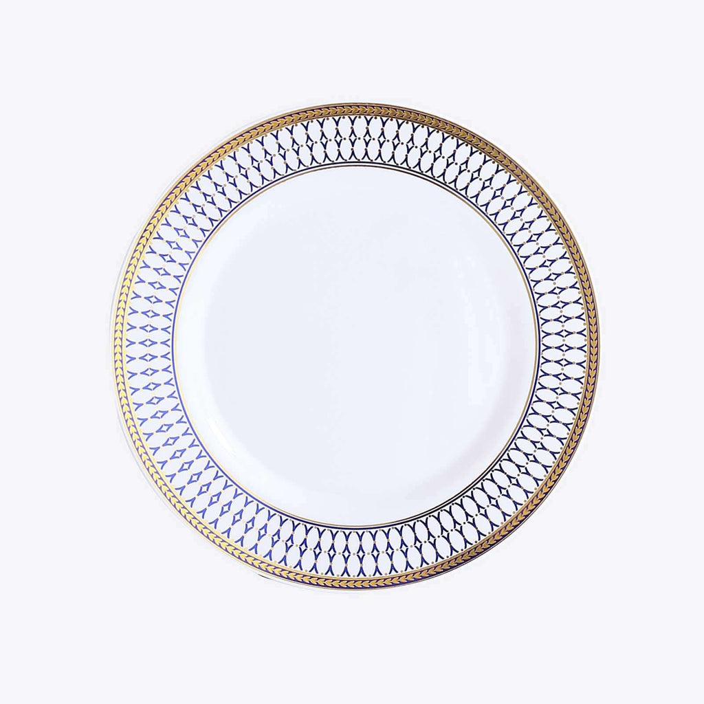10 - Pack Plastic 9" Round Dinner Plates in White with Gold Navy Blue Chord Rim - Renaissance Style Disposable Plates for Events & Banquets - Bell Racket Store