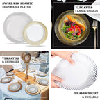 10 - Pack Plastic 9" Round Dinner Plates White with Gold Swirl Rim - Disposable Party Plates - Bell Racket Store