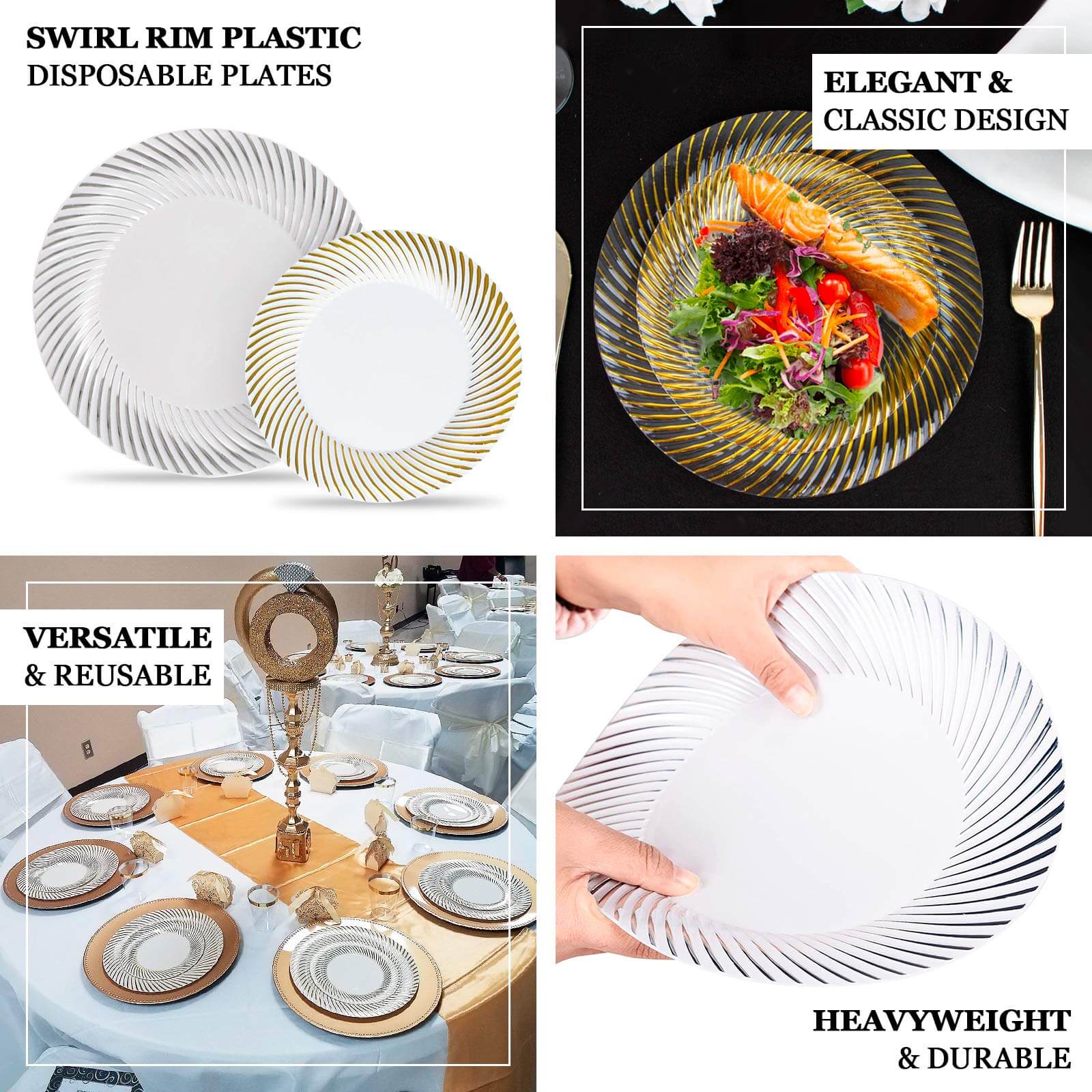 10 - Pack Plastic 9" Round Dinner Plates White with Gold Swirl Rim - Disposable Party Plates - Bell Racket Store