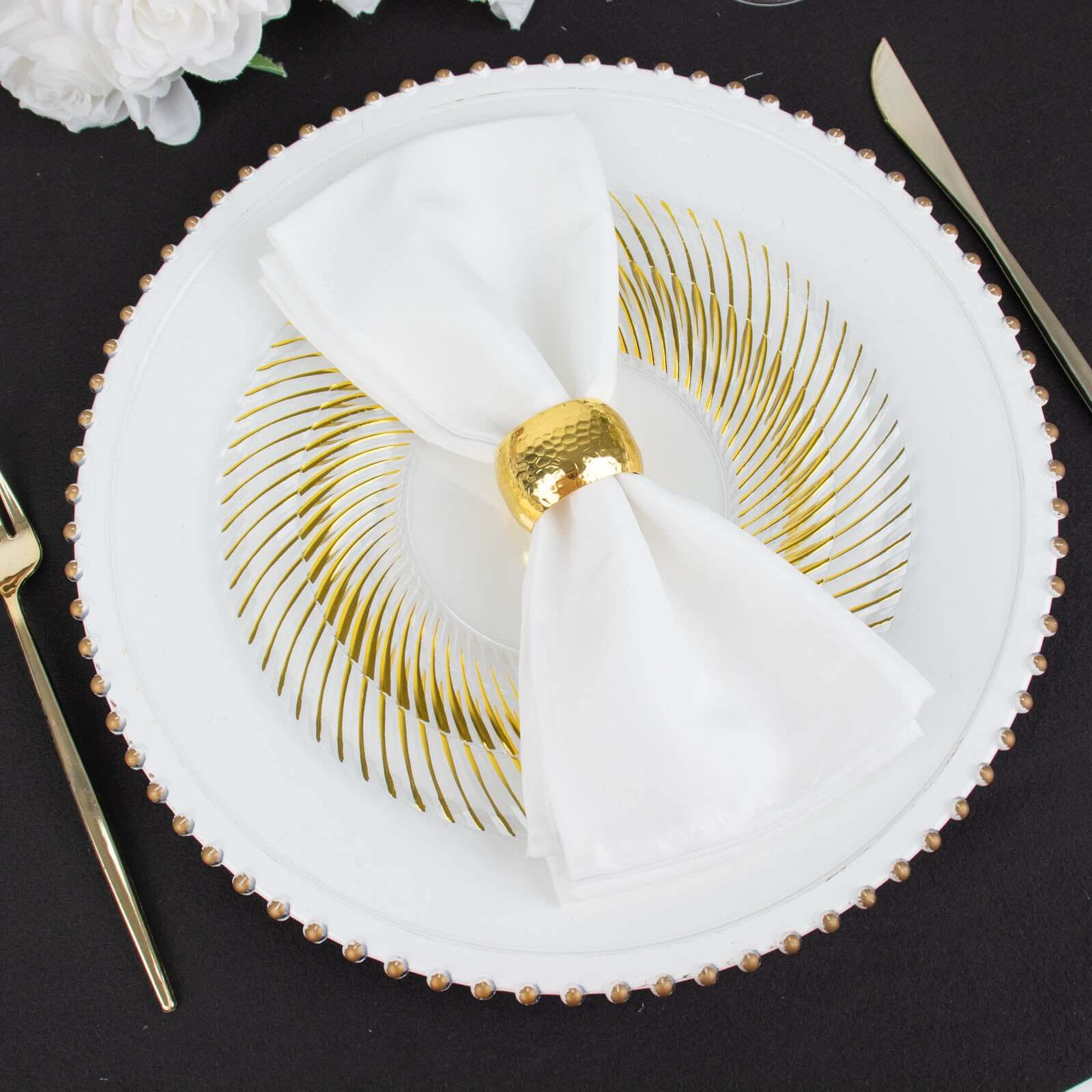 10 - Pack Plastic 9" Round Dinner Plates White with Gold Swirl Rim - Disposable Party Plates - Bell Racket Store