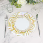 10 - Pack Plastic 9" Round Dinner Plates White with Gold Swirl Rim - Disposable Party Plates - Bell Racket Store