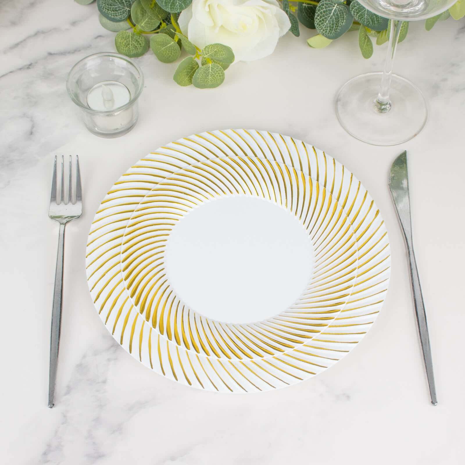 10 - Pack Plastic 9" Round Dinner Plates White with Gold Swirl Rim - Disposable Party Plates - Bell Racket Store