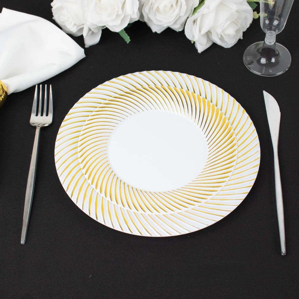 10 - Pack Plastic 9" Round Dinner Plates White with Gold Swirl Rim - Disposable Party Plates - Bell Racket Store