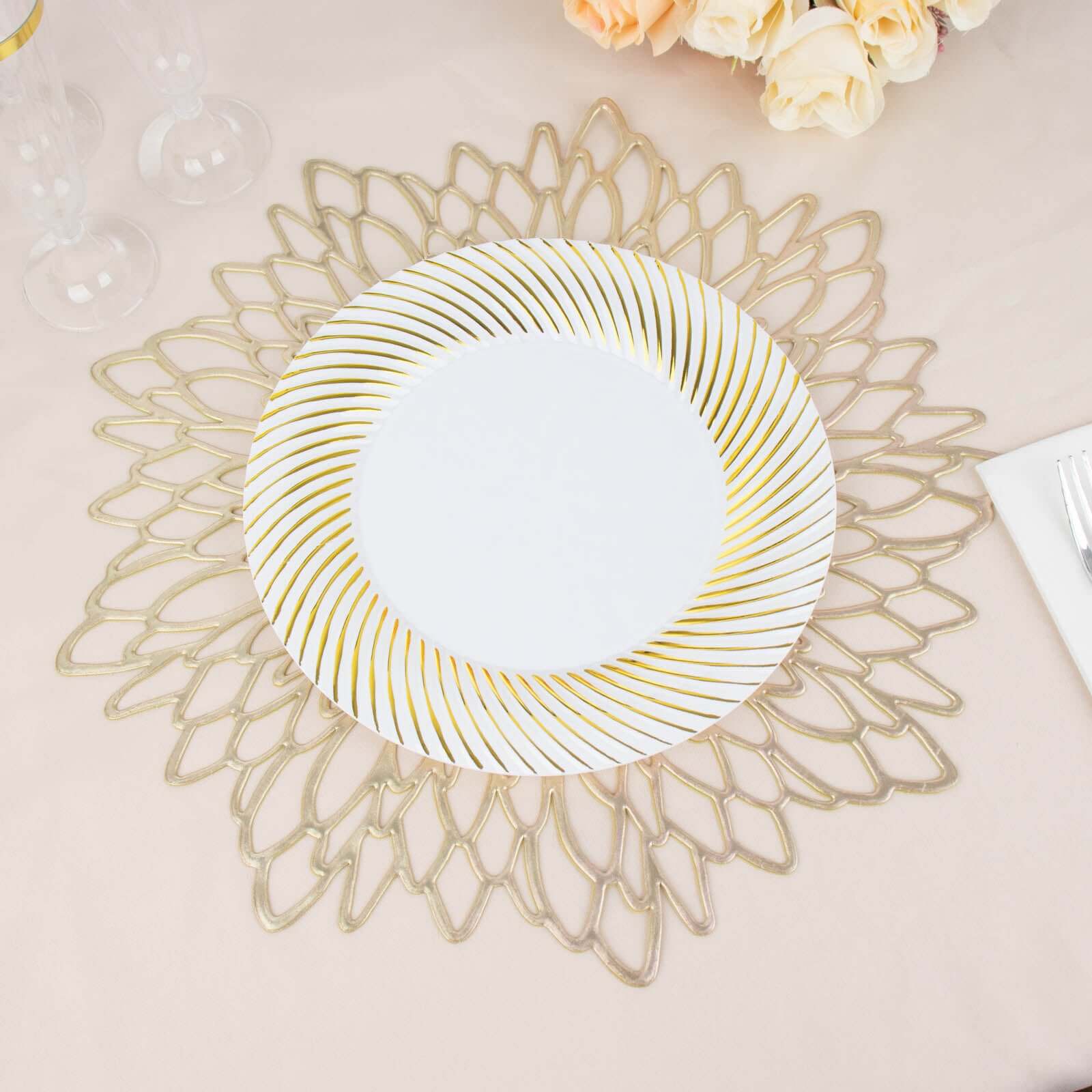 10 - Pack Plastic 9" Round Dinner Plates White with Gold Swirl Rim - Disposable Party Plates - Bell Racket Store