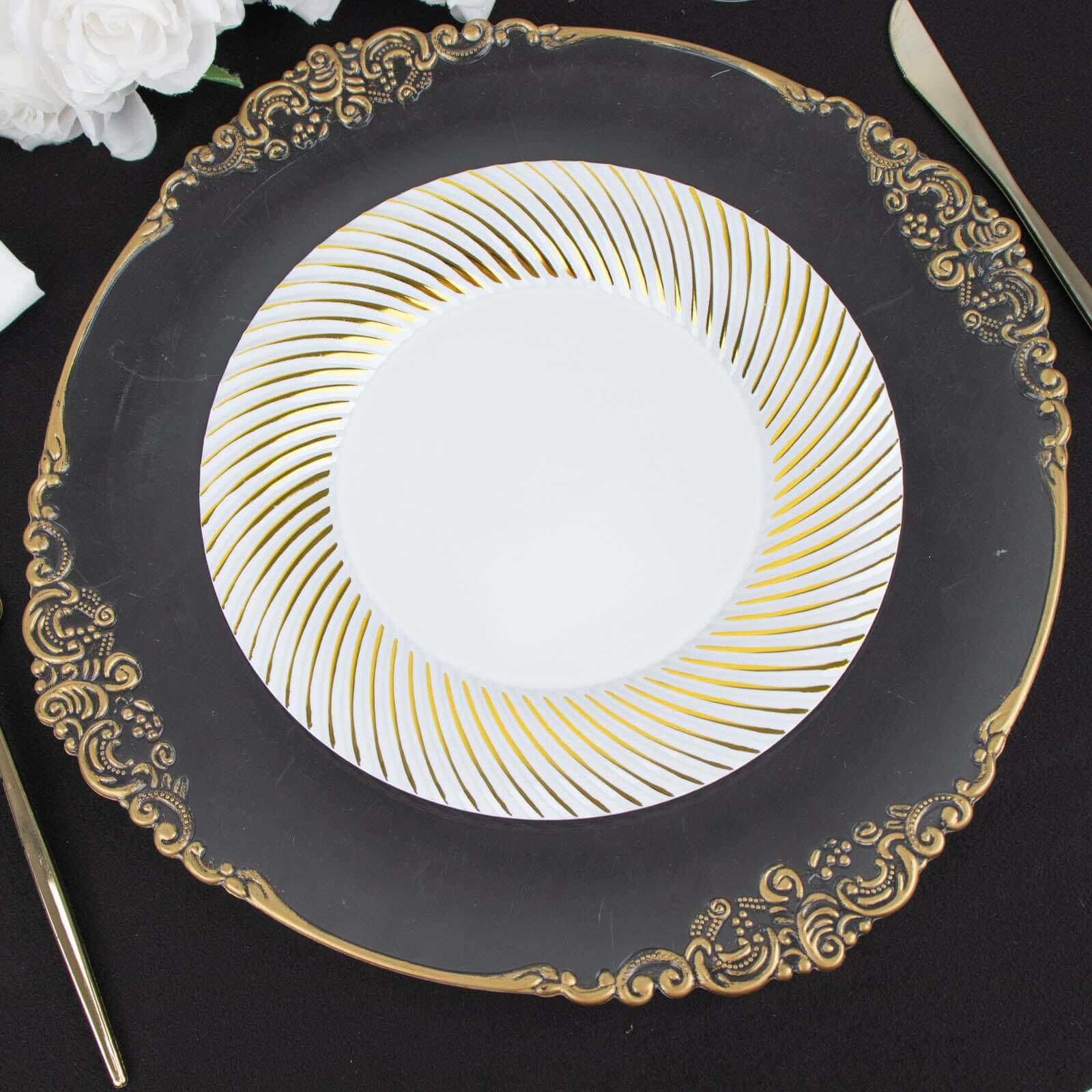 10 - Pack Plastic 9" Round Dinner Plates White with Gold Swirl Rim - Disposable Party Plates - Bell Racket Store