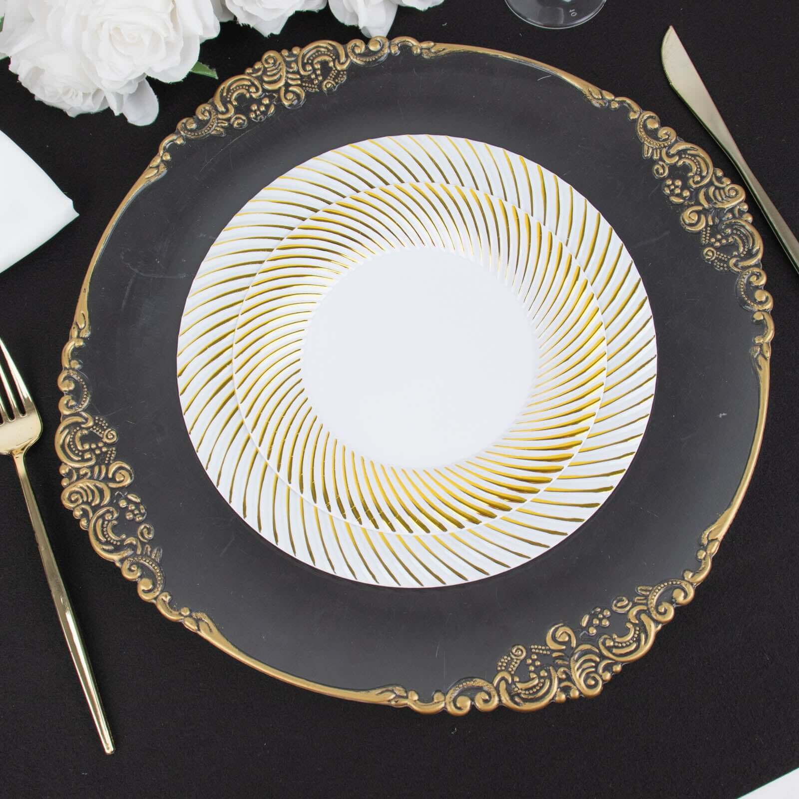 10 - Pack Plastic 9" Round Dinner Plates White with Gold Swirl Rim - Disposable Party Plates - Bell Racket Store