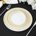 10 - Pack Plastic 9" Round Dinner Plates White with Gold Swirl Rim - Disposable Party Plates - Bell Racket Store