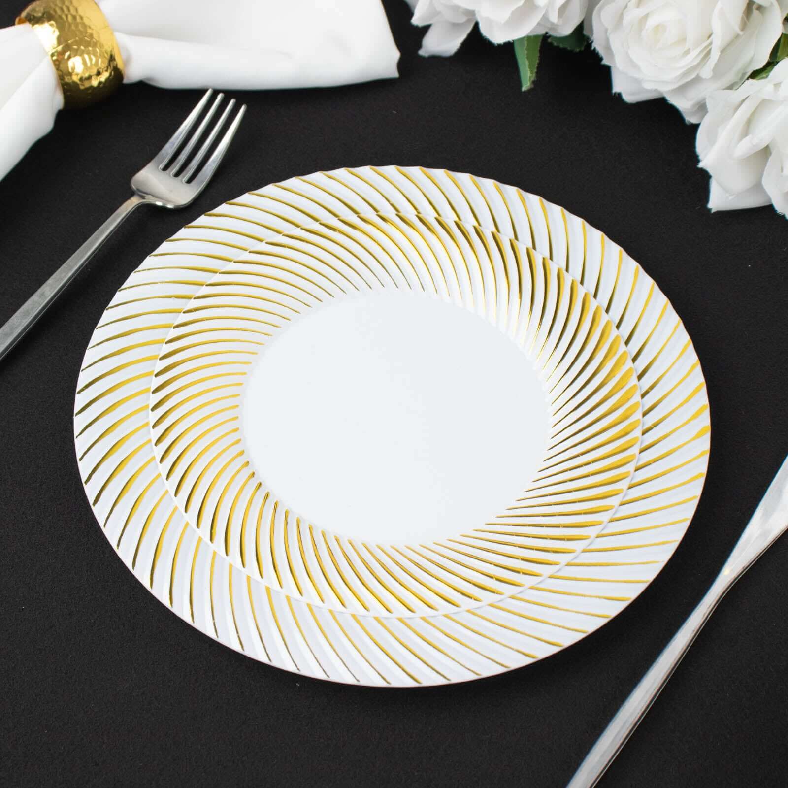 10 - Pack Plastic 9" Round Dinner Plates White with Gold Swirl Rim - Disposable Party Plates - Bell Racket Store