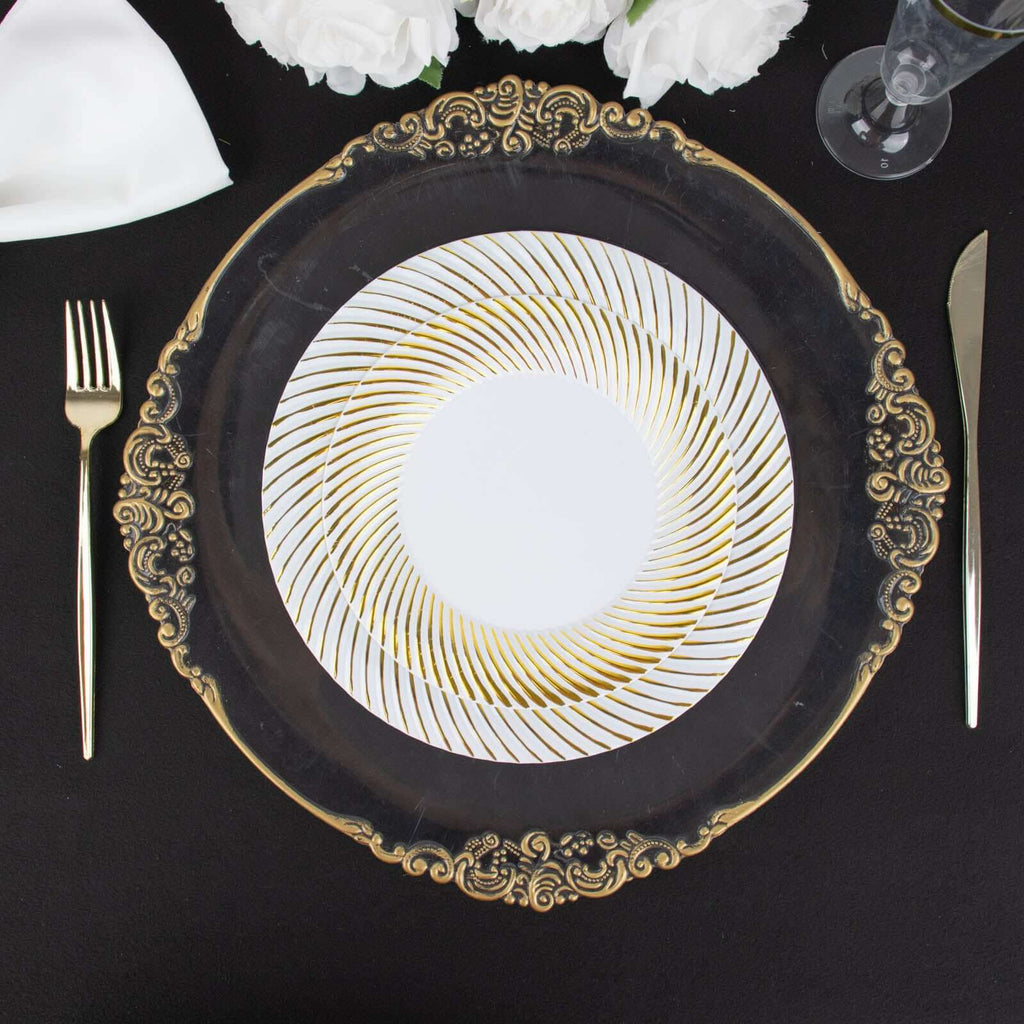 10 - Pack Plastic 9" Round Dinner Plates White with Gold Swirl Rim - Disposable Party Plates - Bell Racket Store
