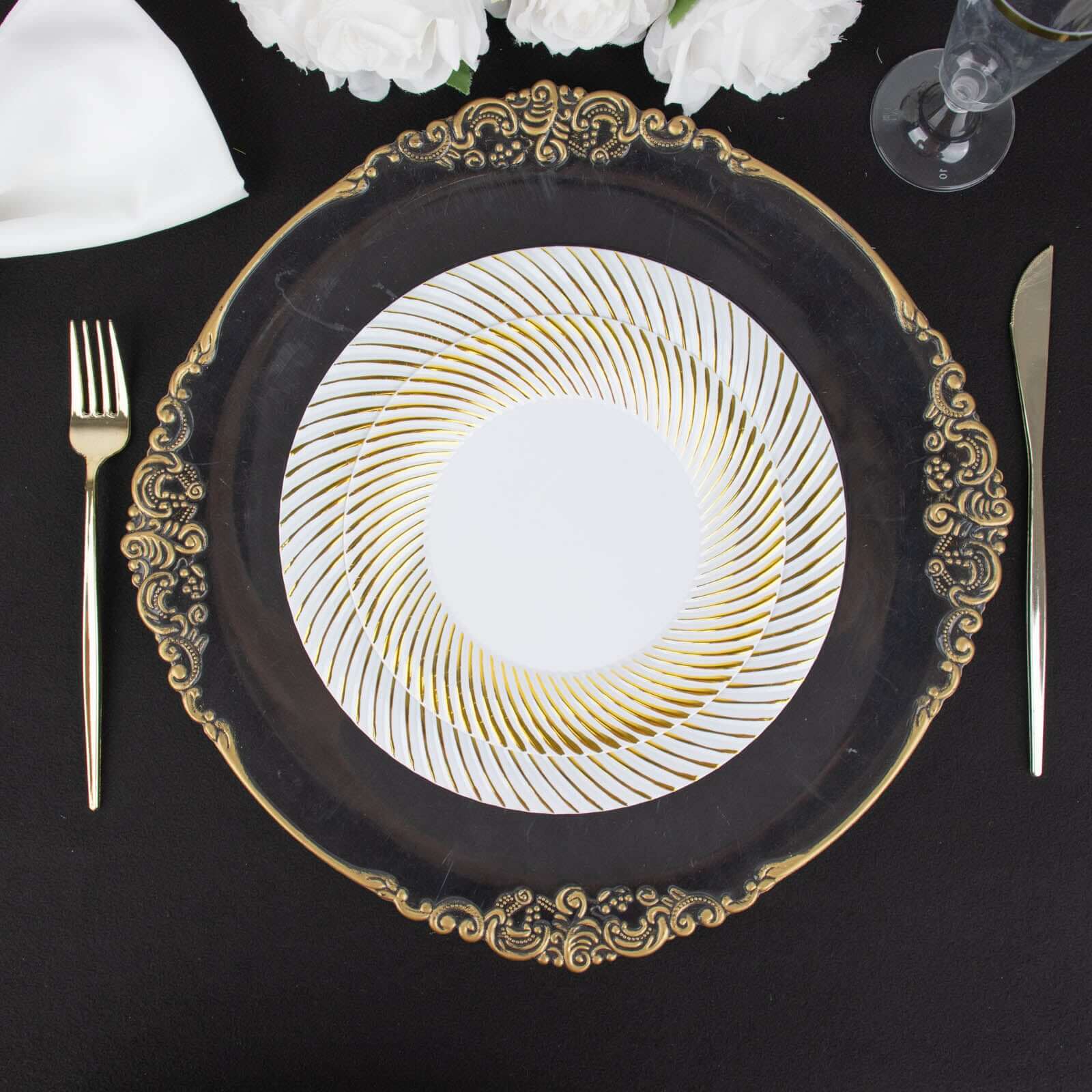 10 - Pack Plastic 9" Round Dinner Plates White with Gold Swirl Rim - Disposable Party Plates - Bell Racket Store