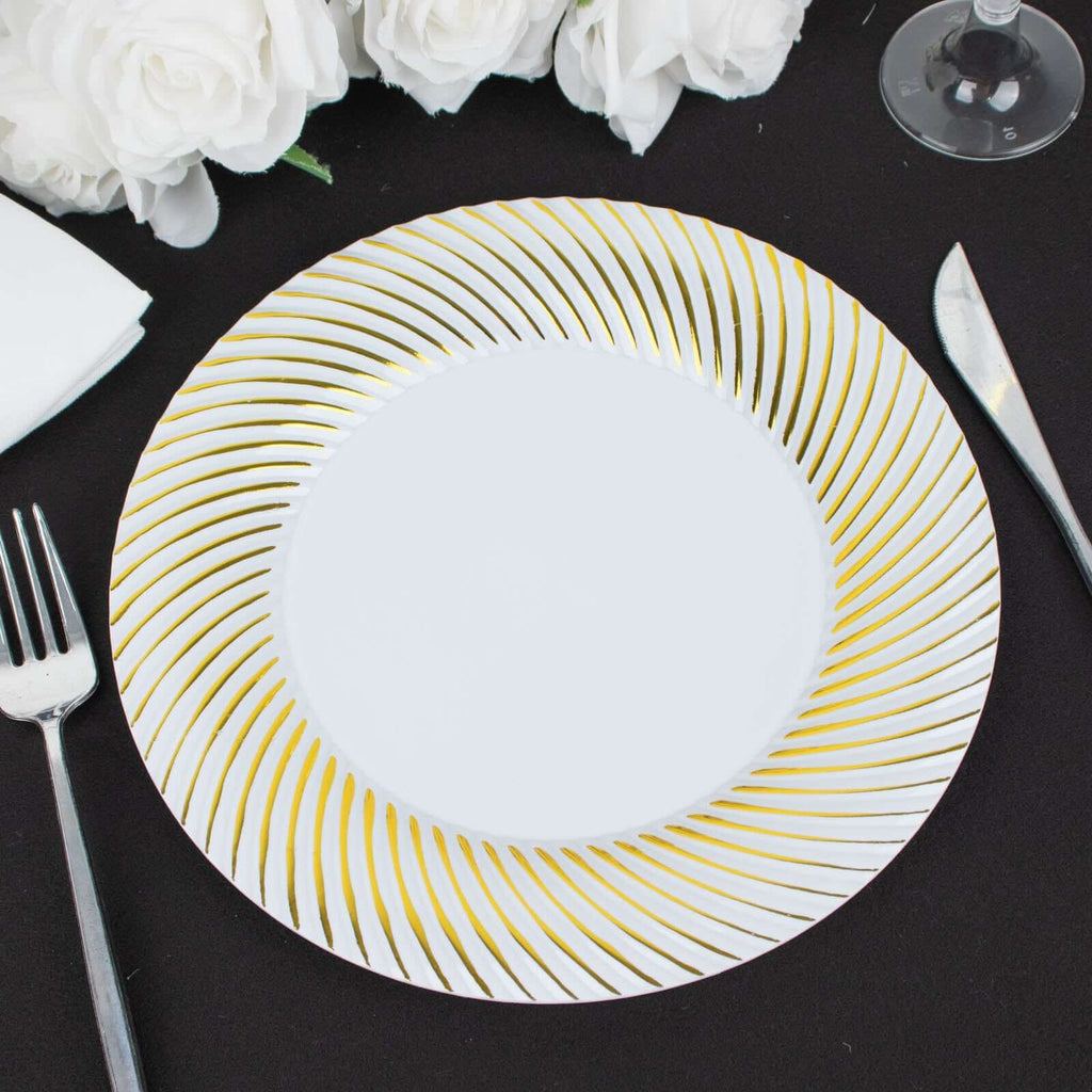 10 - Pack Plastic 9" Round Dinner Plates White with Gold Swirl Rim - Disposable Party Plates - Bell Racket Store