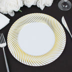 10 - Pack Plastic 9" Round Dinner Plates White with Gold Swirl Rim - Disposable Party Plates - Bell Racket Store