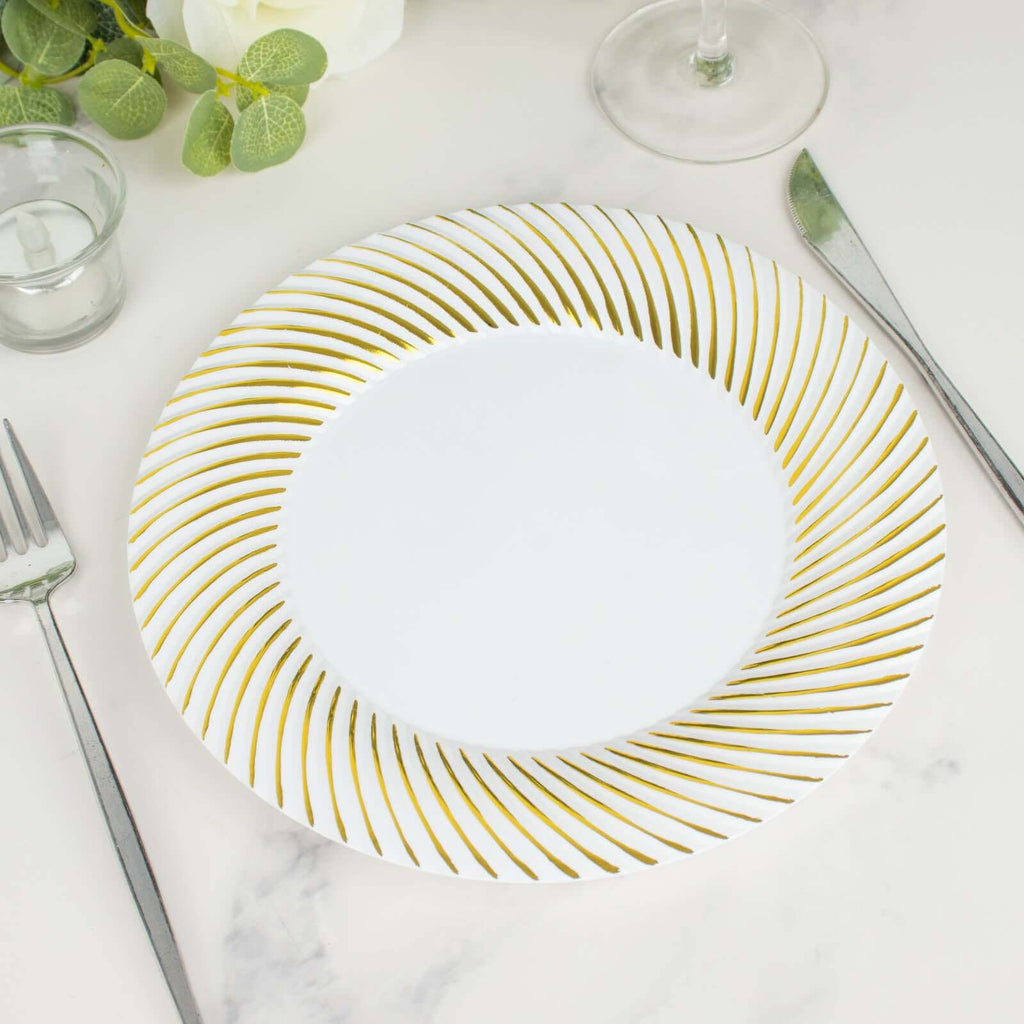 10 - Pack Plastic 9" Round Dinner Plates White with Gold Swirl Rim - Disposable Party Plates - Bell Racket Store