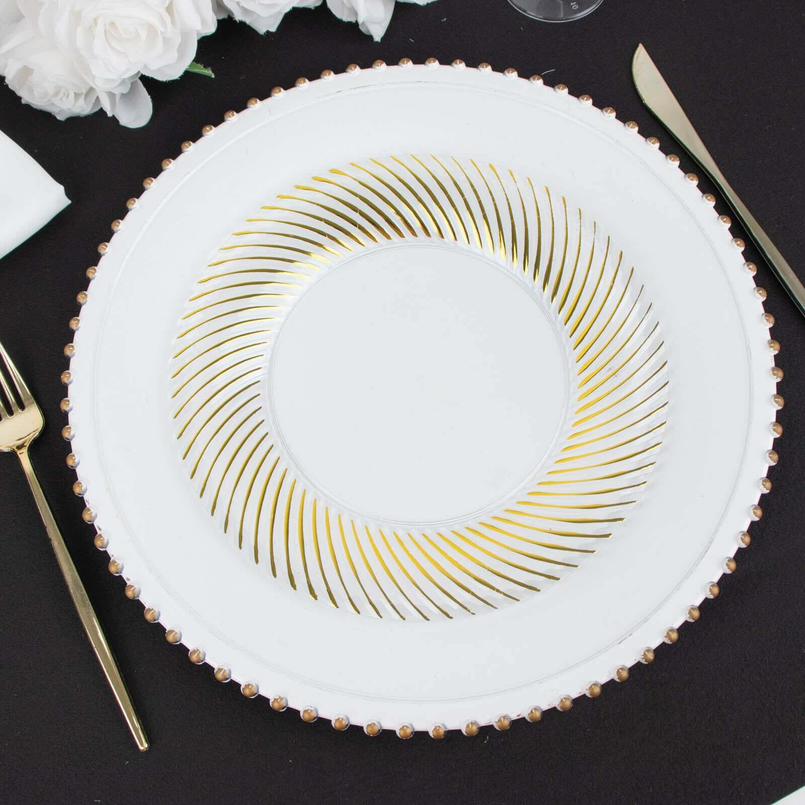 10 - Pack Plastic 9" Round Dinner Plates White with Gold Swirl Rim - Disposable Party Plates - Bell Racket Store