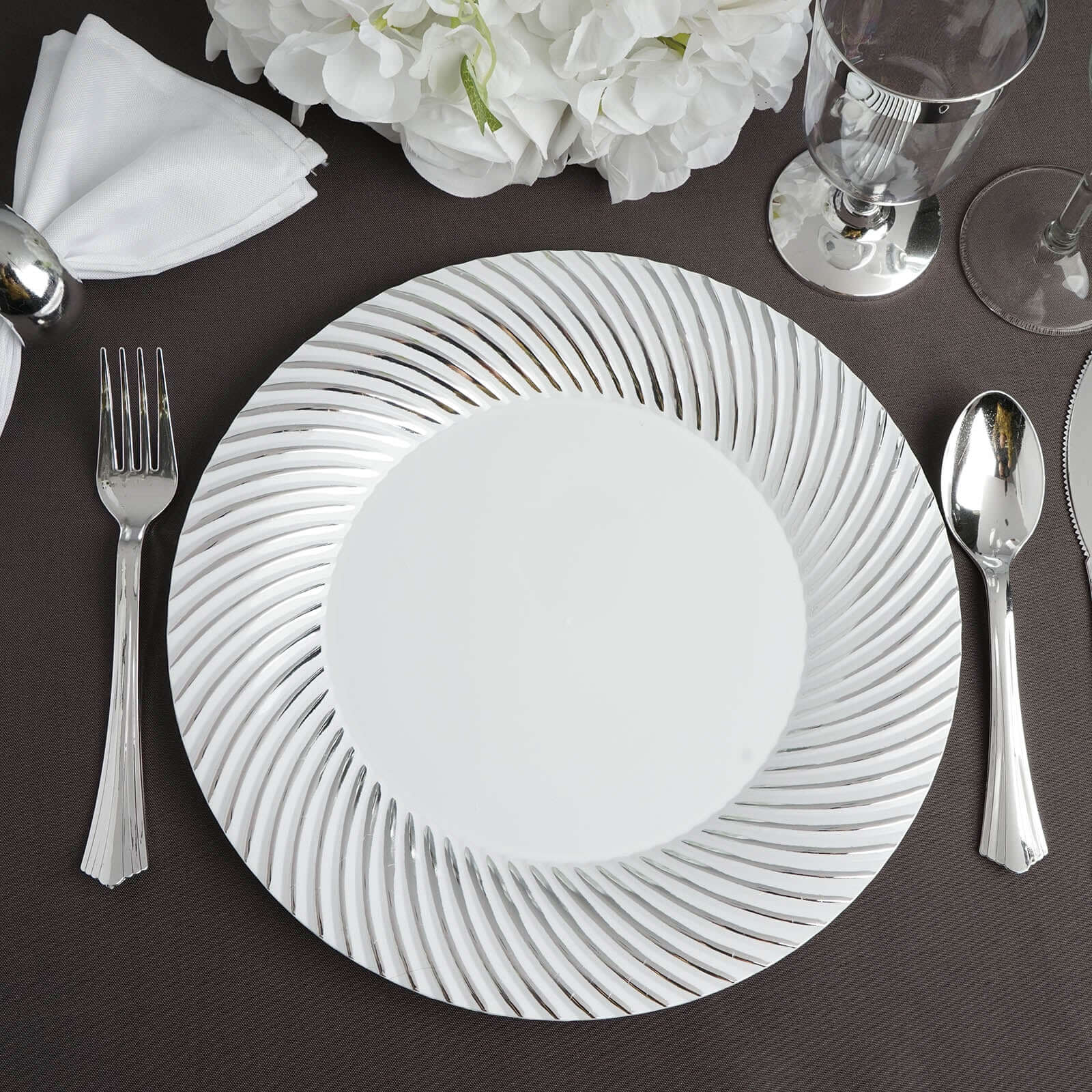 10 - Pack Plastic 9" Round Dinner Plates White with Silver Swirl Rim - Disposable Party Plates - NestOCart