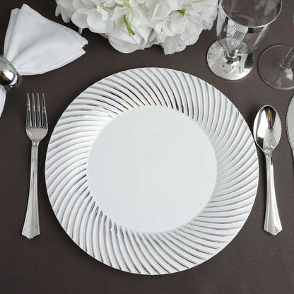 10 - Pack Plastic 9" Round Dinner Plates White with Silver Swirl Rim - Disposable Party Plates - NestOCart