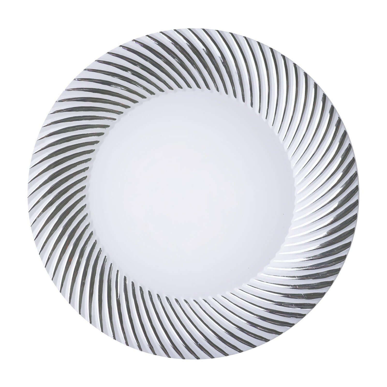 10 - Pack Plastic 9" Round Dinner Plates White with Silver Swirl Rim - Disposable Party Plates - NestOCart