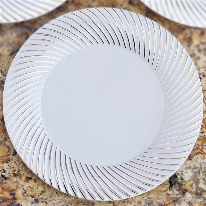 10 - Pack Plastic 9" Round Dinner Plates White with Silver Swirl Rim - Disposable Party Plates - NestOCart