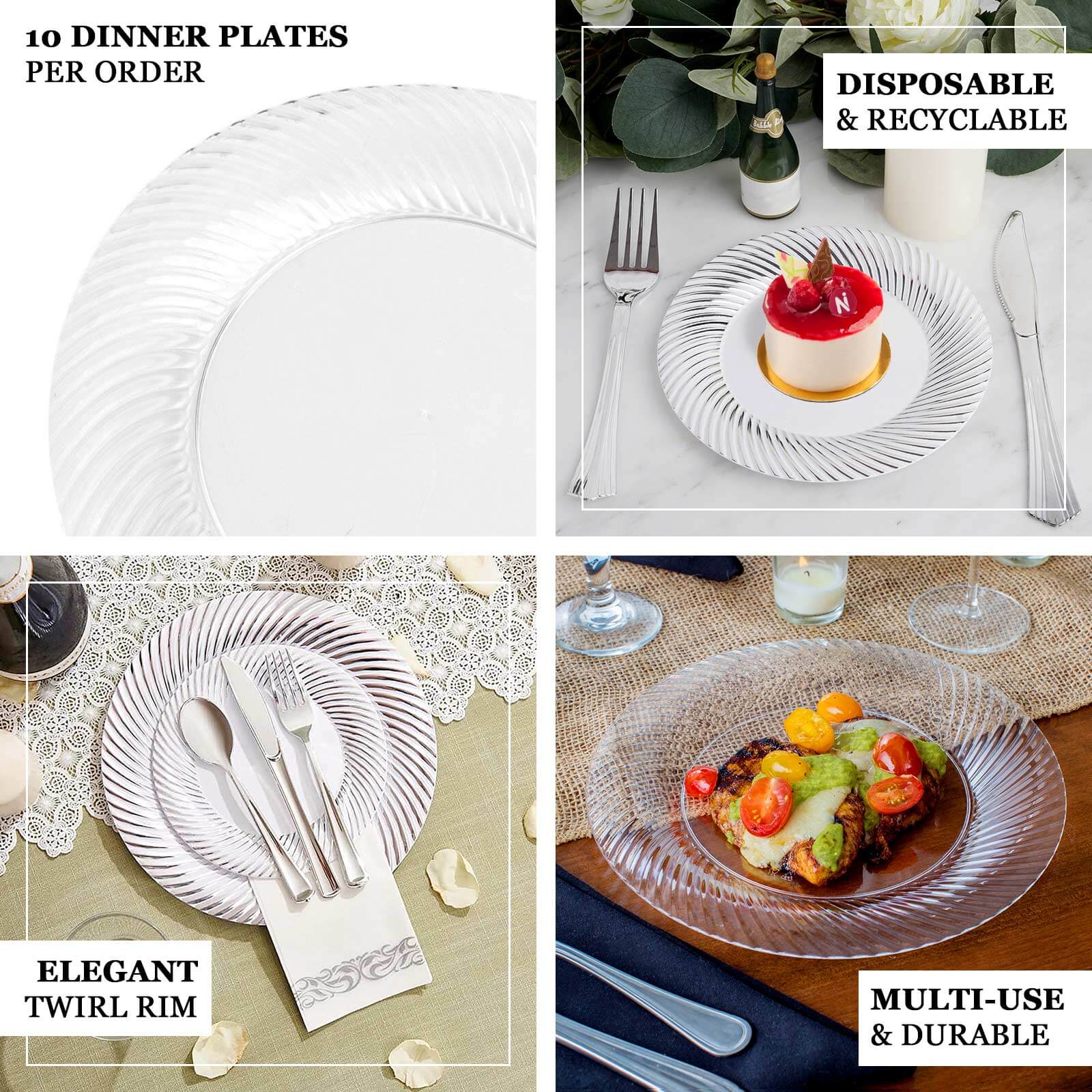10 - Pack Plastic 9" Round Dinner Plates White with Silver Swirl Rim - Disposable Party Plates - NestOCart