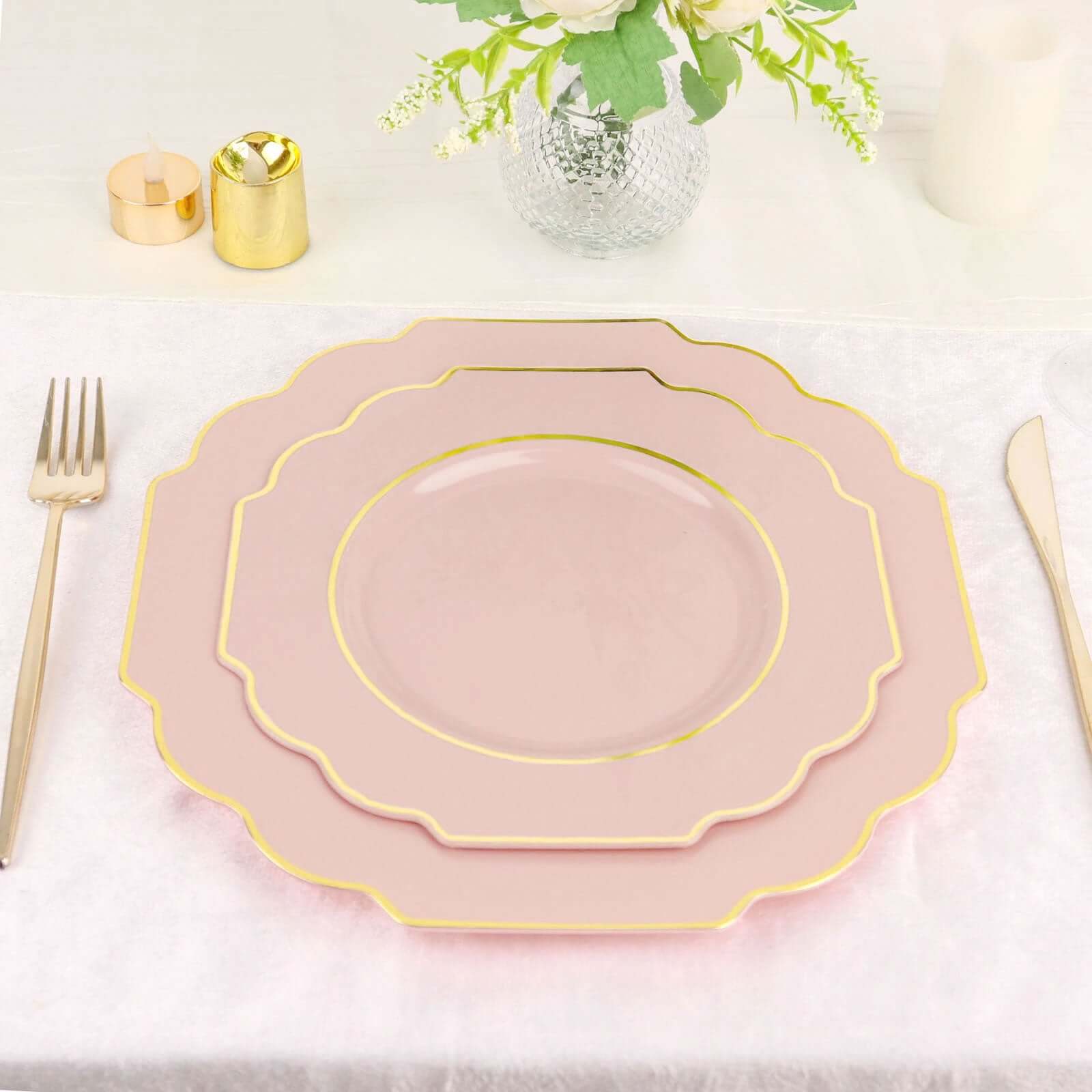 10 - Pack Plastic Dessert Appetizer Plates in Blush Baroque Design with Scalloped Gold Rim - Heavy Duty Disposable Salad Plates 8" - Bell Racket Store