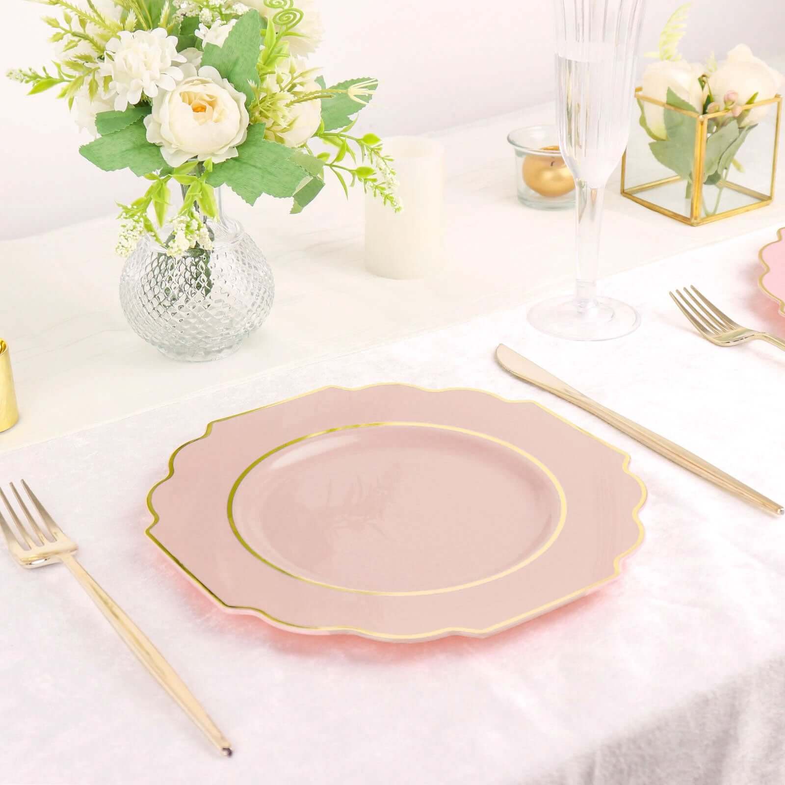 10 - Pack Plastic Dessert Appetizer Plates in Blush Baroque Design with Scalloped Gold Rim - Heavy Duty Disposable Salad Plates 8" - Bell Racket Store