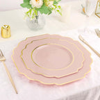 10 - Pack Plastic Dessert Appetizer Plates in Blush Baroque Design with Scalloped Gold Rim - Heavy Duty Disposable Salad Plates 8" - Bell Racket Store